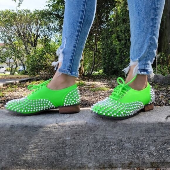 Women's Neon Green Silver Studded Lace Up Flat Oxford Shoes - Picture 4 of 5